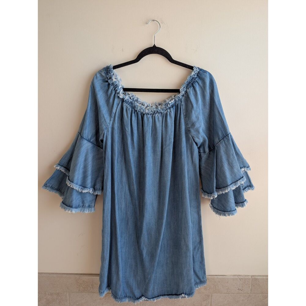 Boston Proper L Tencel Denim Dress Off Shoulder Tiered Bell Sleeve Boho Women's
